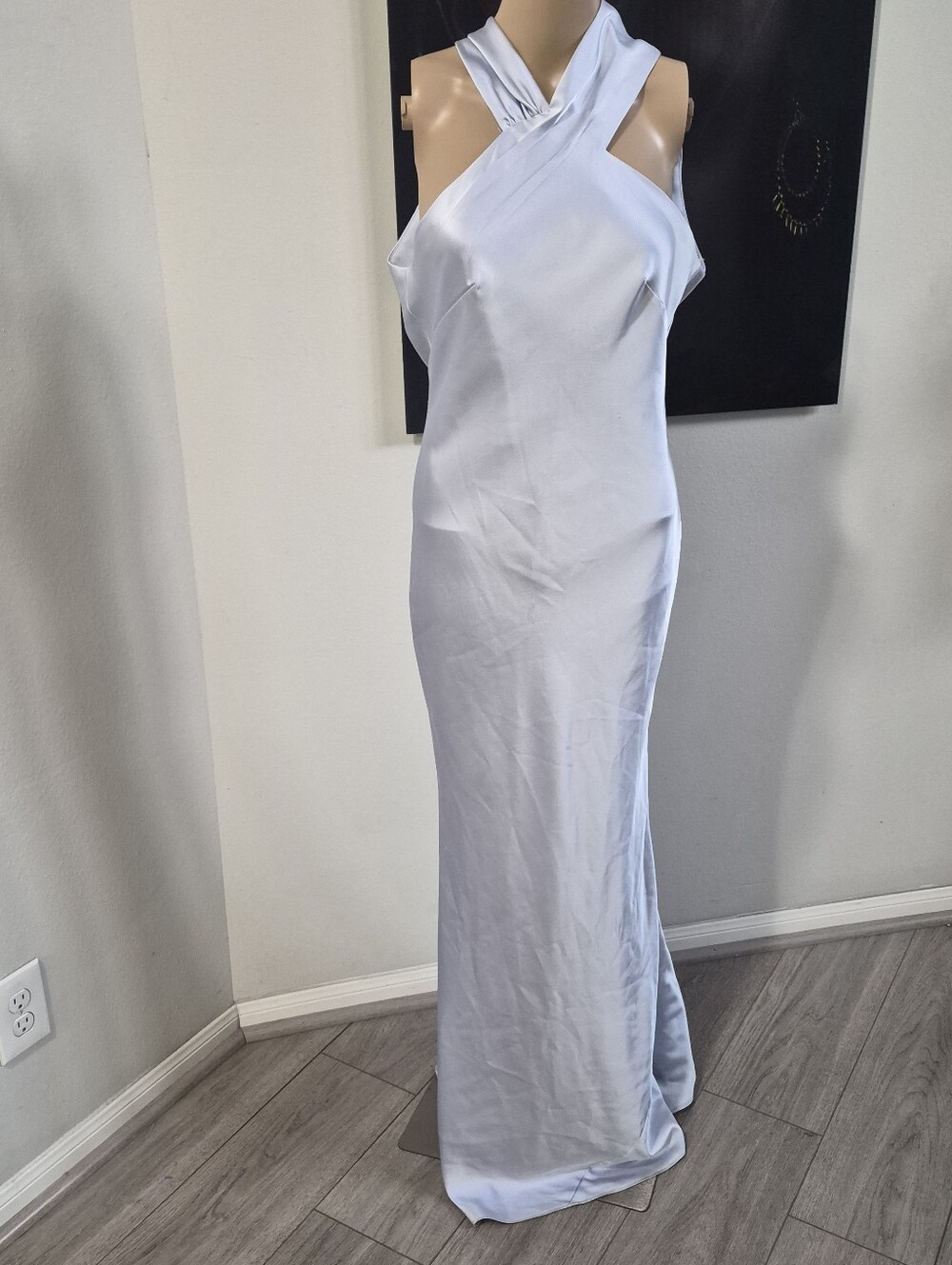 LOVELY Elegant Silver Dove Cross-Neck Satin Evening Dress Size XS